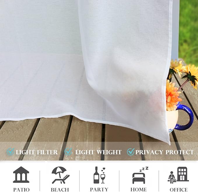 RYB HOME 2 Panels Porch Curtains Outdoor - Linen Look White Sheer Drapes Waterproof, Sun Light Glare Filter Panels for Outside Wedding Lanai Patio Balcony Terrace, W 54 x L 120 inch