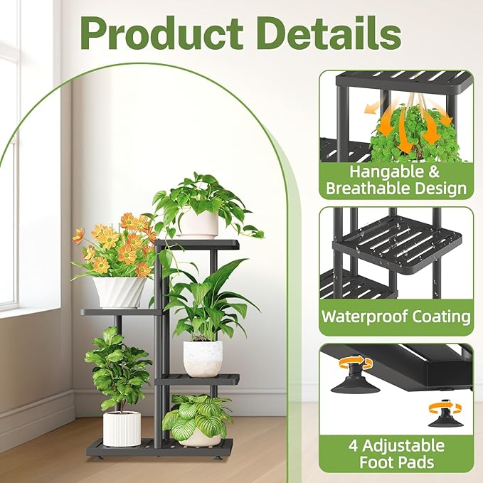iDavosic.ly Plant Stand Indoor Outdoor, 3-Tier Tall Metal Flower Shelf for Heavy-Duty Large Planters, Corner Orchid Display Rack for Living Room Balcony Patio Porch, Space Saving, Modern Black