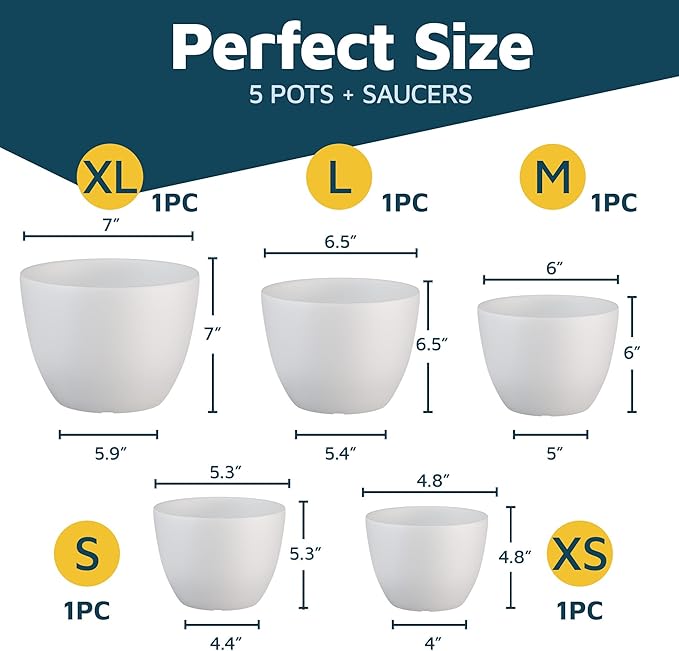 Lifemaster Eco Friendly Plant Pot Set -5-Pack Home Decor Flower Indoor and Outdoor Plastic Pots with Drainage Holes, Assorted Sizes (7", 6.6", 6", 5.3", 4.8") - Stackable Garden Versatile Planters
