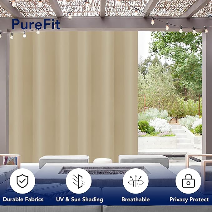 PureFit Outdoor Curtains for Patio Waterproof Weatherproof, UV Resistant Outside Curtains for Gazebo, Front Porch, Pergola, Sun Blocking Privacy Curtain, 100W x 108L inch, 1 Panel, Beige