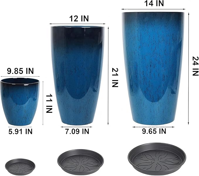 24/21/11 Inch Tall Planter Pots Garden Plastic Planters - Set of 3 for Indoor & Outdoor Use - Decorative Lightweight Flower Pots (Dark Grey)