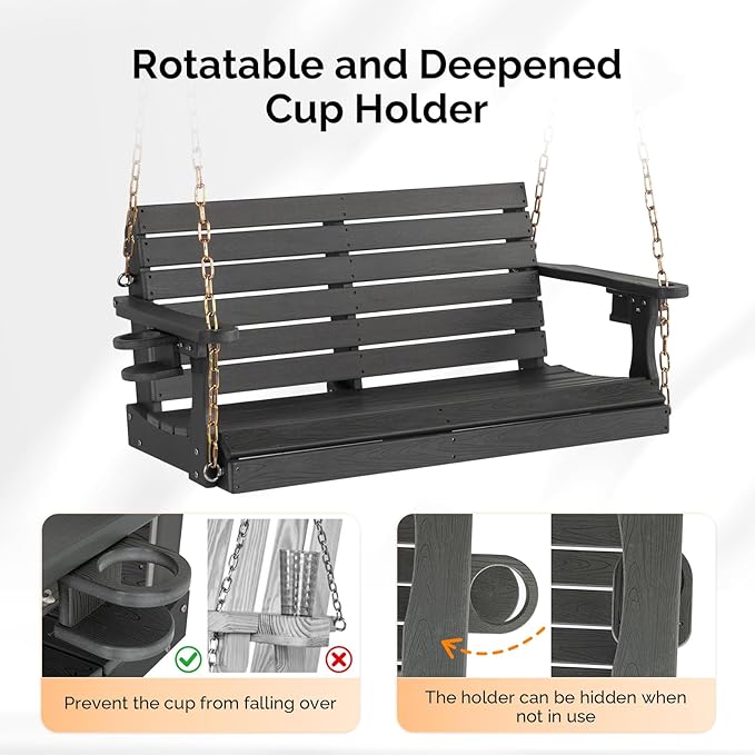 VINGLI Heavy Duty 1600 LBS HDPE Porch Swing Outdoor with Rotatable Cup Holder, 4 FT Patio Bench Swing with Adjustable Chains, 2 Person Hanging Porch Swing Chair for Porch, Yard, Tree, Garden - Grey