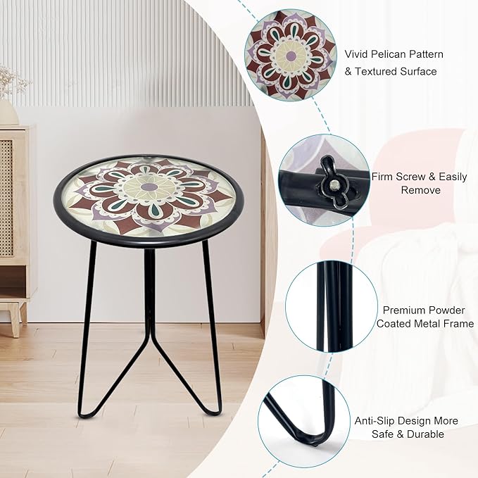 LIFFY Outdoor Side Table, 12" Small Patio Side Table for Outside, Indoor Round Home Decor End Table & Accent Table with Glass Top, Decorative Plant Table Stands for Garden Yard Porch Balcony
