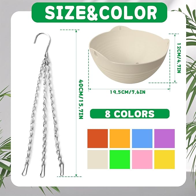 8 Pack 8 Inch Plastic Self Watering Hanging Planters,Colorful Hanging Basket Planter with Drainer and Metal Chain,Garden Flower Plant Pot Container for Indoor Outdoor Plants,8 Colors