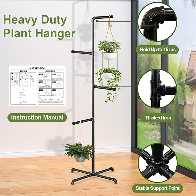 Hanging Plant Stand, Plant Hanger Indoor, Corner Hanging Plant Stand, Black Metal Holder for Bedroom, Living Room, Garden, Balcony (large)