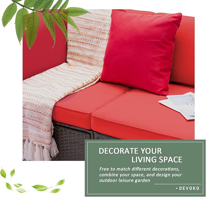 Devoko 2-Piece Modern Red Rattan & Metal Patio Sofa Set - Sectional Corner Sofa & Armless Sofa