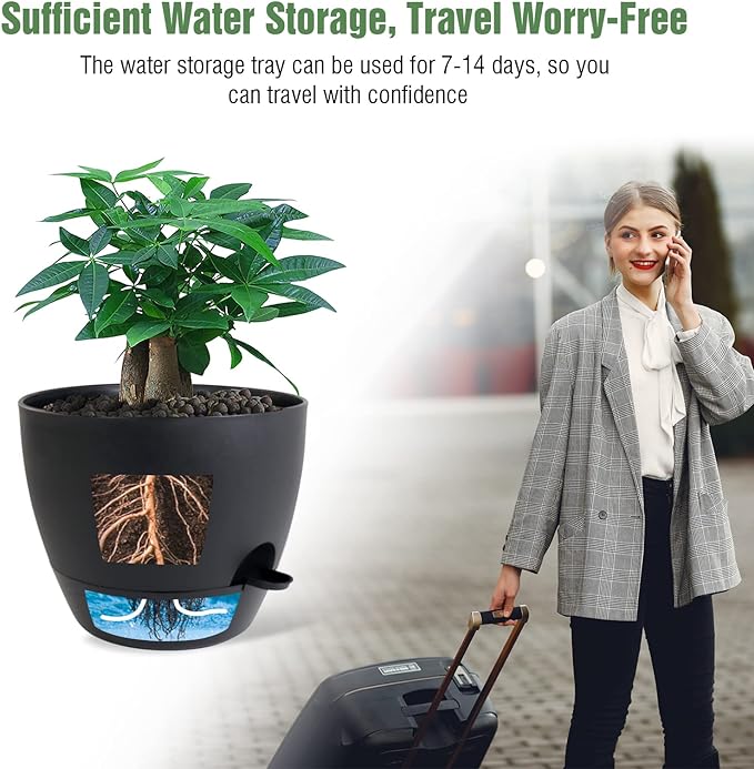 12inch 2Pack Large Self Watering Planters, Plastic Plant Pots with 60oZ Removable Deep Reservoir and Multi Mesh Drainage Holes for Indoor Outdoor Garden Plants and Flowers, Black