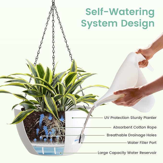 4 Pack 8 Inch Self Watering Hanging Planters for Indoor Outdoor Plants，Hanging Pots for Plants with Drainage Removable Tray, Hanging Baskets Flower Pots for Ivy Pothos Spider Garden Porch White