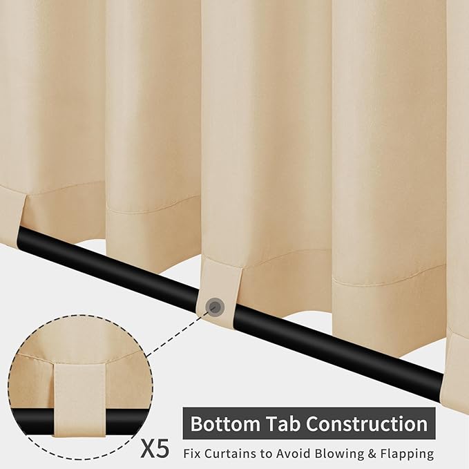 Easy-Going Outdoor Patio Curtains Detachable Tab Top Windproof Weatherproof Curtain for Cabana, Porch, Pergola and Gazebo, Tab Bottom Drape, 2 Panels, 110W x 96L inch, Beige