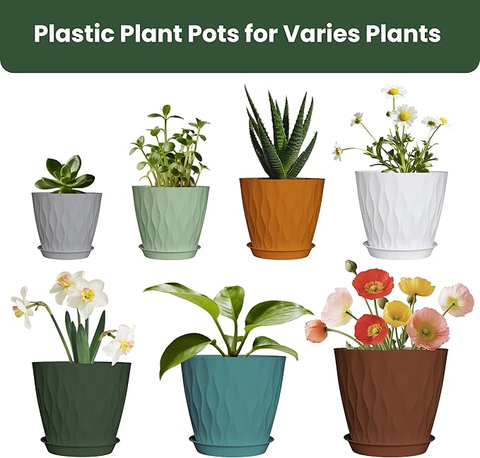 7/6.5/6/5.5/5/4.5/4 inch Plastic Plant Pots, 7 Pack Flower Planter for Indoor Outdoor Plant, Planters with Drainage Holes and Trays (Colorful)