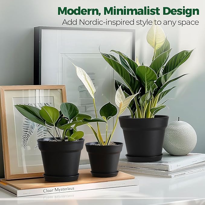 T4U 7.5 Inch Plant Pots 6 Pcs, Flower Pots for Indoor Plants Plastic Pots for Plants with Drainage Holes and Saucer, Planters for Indoor Plants for House Cactus Succulent Black