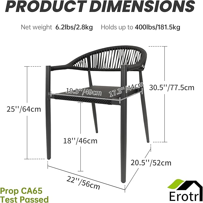 4 Pcs Stackable Patio Dining Chairs, Aluminum Rattan Outdoor Dining Chair with Arms, Woven Rope Garden Armchair Metal No Assembly for Bistro Balcony Porch Deck Yard Cafe Restaurant, Black