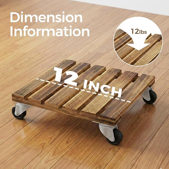 Bamworld Wood Plant Caddy with Wheels, 300lb Capacity, Heavy Duty Planter Stand with Wheels 12inch Plant Dolly 2 Pack Premium Quality, Ready to Use