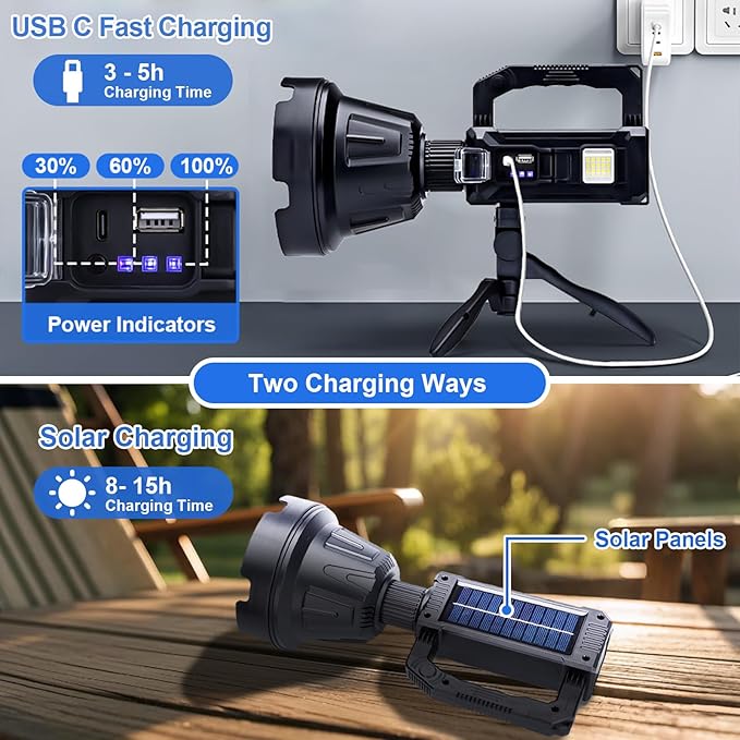 Rechargeable Spotlight Flashlight, Peascat 3,000,000L Lumens LED Handheld Spot Light, 6 Modes, 3 Colored Lenses, Solar & USB-C Charging, Tripod, IPX6 Waterproof for Fishing, Camping, Outdoor Emergency