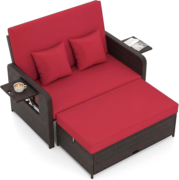 Tangkula Patio Rattan Daybed with 4-Level Adjustable Backrest, Outdoor PE Wicker Loveseat with Storage Ottoman & Folding Side Tray, Double Sunbed Lounger for Balcony, Backyard & Poolside, Red & Brown