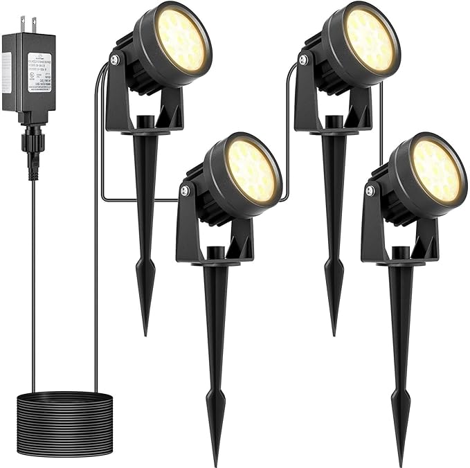 Warm White Spot Lights, Outdoor 3000K LED Spotlights, Outside Landscape Lighting IP65 Waterproof Garden Uplights for Lawn Front Porch Driveway Decorative, 4 Lights