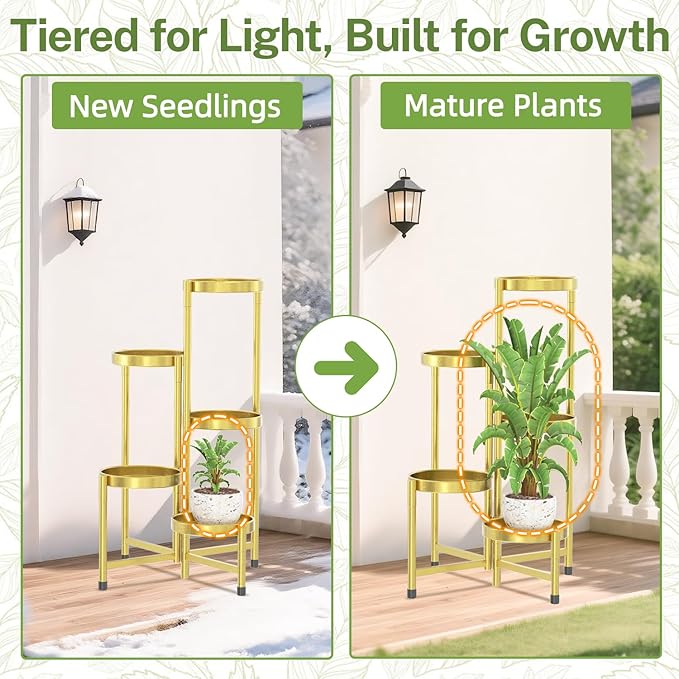 iDavosic.ly Plant Stand Indoor Outdoor, 5 Tier Corner Metal Flower Display Holder Shelf, Easy Assembly Folding Tall Orchid Rack for Patio Balcony Porch Garden Living Room House, Gold