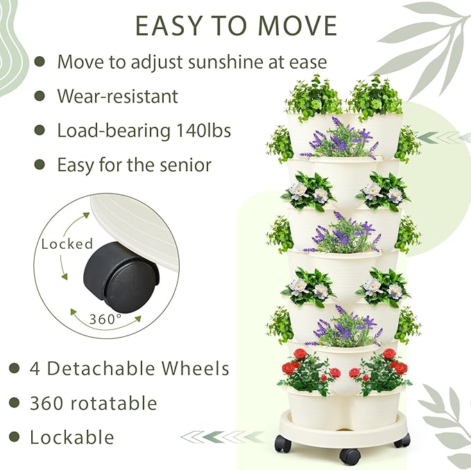 Umigy 2 Set Ivory 2 Set of 7 Tier Stackable Vertical Planters with Removable Wheels and Tools Tower Planters Strawberry Herb Flower Vegetable Pots Indoor Outdoor Gardening Pots