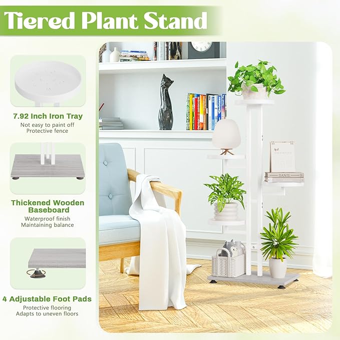 iDavosic.ly 4 Tier Plant Stand Indoor Outdoor, Tiered Corner Multiple Flower Pot Holder Shelf, Metal 34 Inch Tall Display Rack for Patio Porch Living Room Garden Balcony Bedroom, White