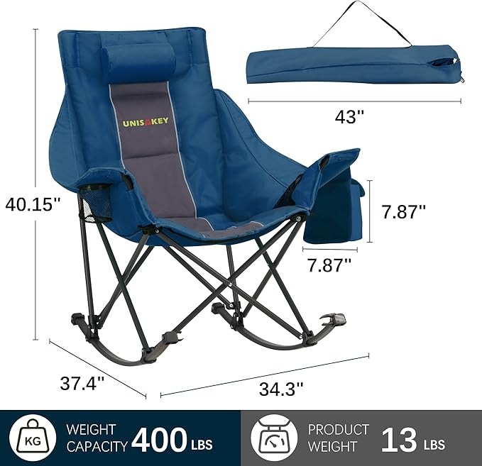 Oversized Rocking Camping Chair with Headrest & Cup Holder - 400lbs Capacity, 600D Oxford Fabric, Easy Fold Portable Outdoor Rocker Chair for Camping, Backyard, Beach, Blue