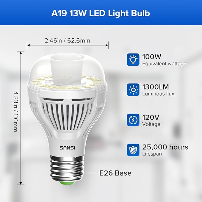 SANSI Dusk to Dawn LED Outdoor Light Bulb A19, 100 Watt Equivalent Energy Efficient 13W 5000K Daylight 1300LM Outdoor Light Bulbs, E26 Standard Base Light Bulbs for Porch Patio Yard Garden, 2-Pack