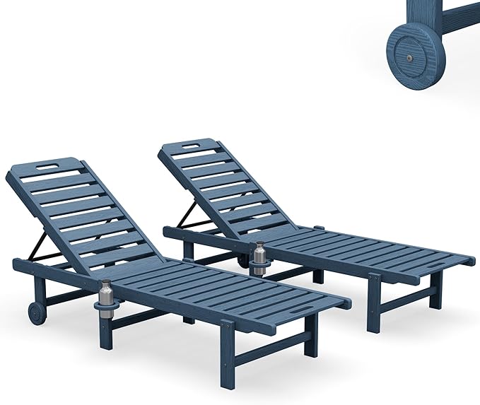 SERWALL Outdoor Chaise Lounge Set of 2, All-Weather HDPE Pool Lounge Chairs with 5-Position Adjustable Reclining Backrest, Rolling Wheels & Cup Holder for Poolside, Blue