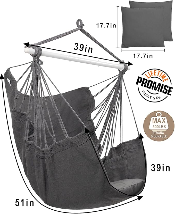 MIZTLI Hammock Chair Hanging Chair Swing Chair Hanging Chair for Bedroom Indoor Outdoor- Max 500 Lbs－Steel Spreader Bar with Anti-Slip Rings, 2 Cushions