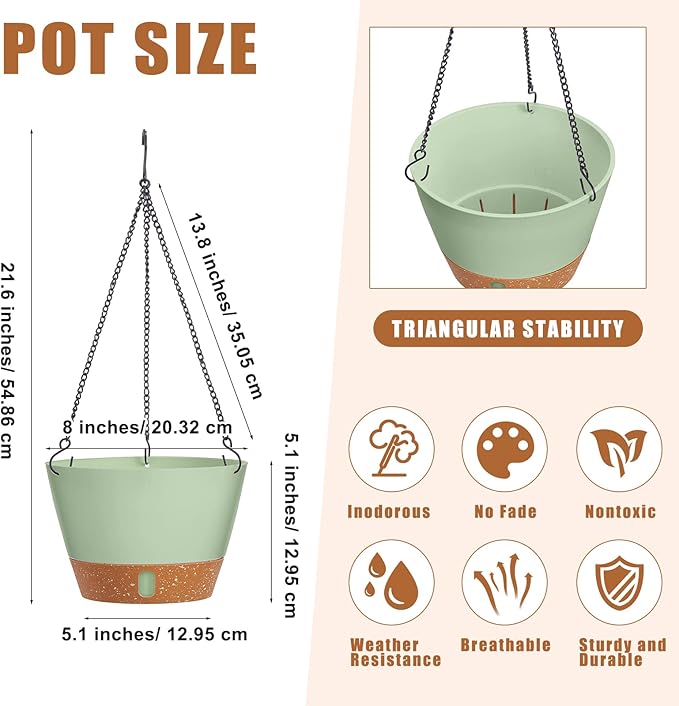 Amyhill 6 Pcs 8 Inch Hanging Planter for Indoor Plants Self Watering Hanging Pot Baskets with Drainage Hole Visible Water Level Tray with Hooks for Garden Outdoor(Green)
