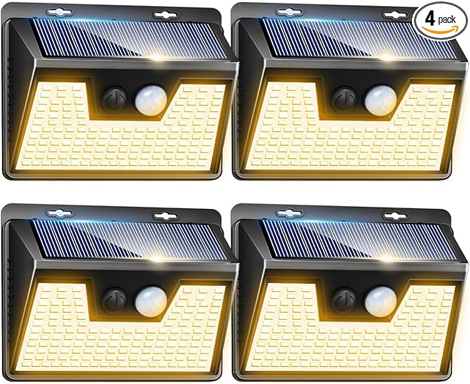 Peasur Solar Lights Outdoor Waterproof, 4Pack 140LED Solar Motion Sensor Wall Lights, 3 Modes Solar Powered Fence Security Lights for Patio Step Deck House Outside(Warm White)