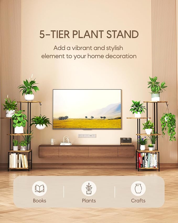 Plant Stand Indoor, 5-Tier Tall Plant Stand Indoor, Metal Plant Shelf with Hanging Basket Hook, Ideal Corner Plant Table for Living Room, Balcony, Garden, Patio (Brown)
