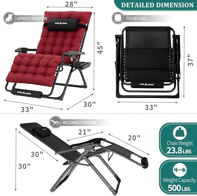 UDPATIO Oversized Zero Gravity Chair Set of 2, 29In XXL Patio Reclining Chair with Cushion, Outdoor Folding Recliner with Pillows|Cup Holder|Foot Rest|Padded Headrest, Burgundy, Support 500LB