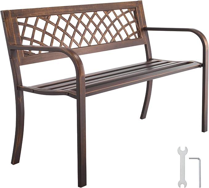 VEVOR Outdoor Bench, 46 inch, Carbon Steel Metal Frame with PVC Mesh Pattern Backrest and Round Edge Armrests, Weatherproof Outside Bench for Patio, Garden, Park, Yard, Front Porch, Antique Bronze