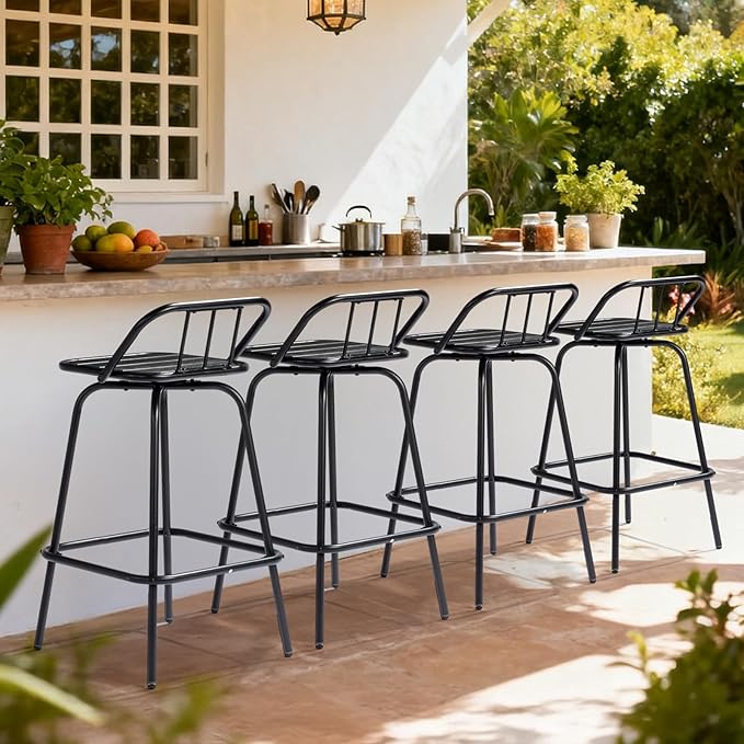 VINGLI 2 PCS Outdoor Swivel Bar Stools, 30 Inch Metal Barstools with Backrest & Footrest, 360° Rotating All-Weather Stools for Garden, Balcony, Kitchen Island (Black)
