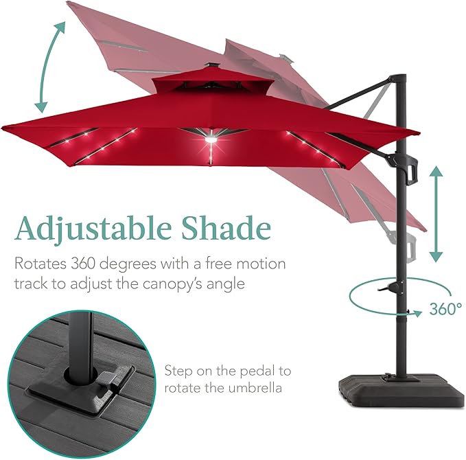 Best Choice Products 10x10ft Cantilever Patio Umbrella w/Base Included, Solar LED Lights 360 Rotation Large Offset Hanging Outdoor Shade for Deck Pool Backyard w/Stand – Red