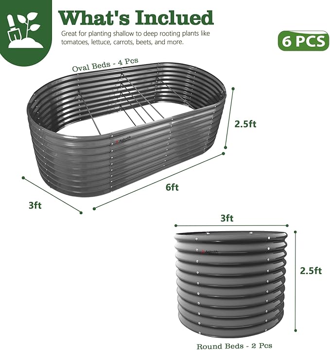A ANLEOLIFE Set of 6, 30 Inch Extra Tall Galvanized Raised Garden Beds Kit, Large Oval & Round Metal Planters – Ideal for Backyard Vegetables Flowers Herbs, Quartz Grey