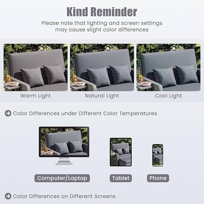 LDAILY Moccha Outdoor Daybed, Wicker Loveseat Sofa Set with 4-Postion Adjustable Backrest, Storage Ottoman, Cushions, Rattan Double Bed Lounger, Patio Furniture Set (Mixed Gray+Gray)