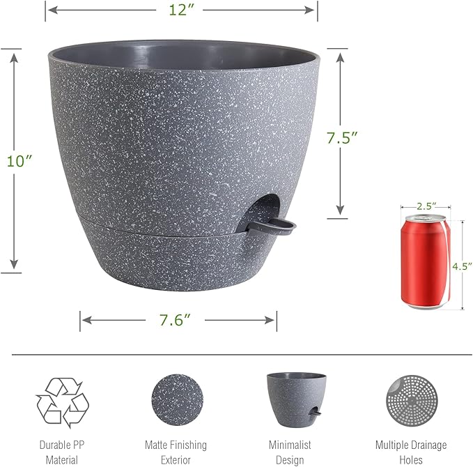 12inch 2Pack Large Self Watering Planters, Plastic Plant Pots with 60oZ Removable Deep Reservoir and Multi Mesh Drainage Holes for Indoor Outdoor Garden Plants and Flowers, Grey Speckles