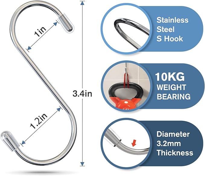 Myfolrena 20 Pack S Hooks for Hanging, 3.4 Inch Metal S Shaped Hook Heavy Duty Hanging Hooks for Pots, Pans, Plants, Bags, Cups, Clothes (Silver)