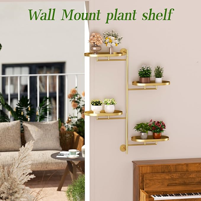 Window Rotating Plant Stand Shelf Indoor Gold Metal Floating Shelves 4-Tier Wall Mount Plant hanger Holders for Wall Planter Modern Home Decor window sill gifts