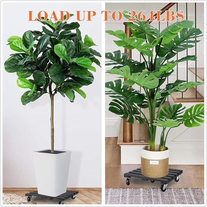 2 Pack Plant Stand with Wheels, 14" Rolling Plant Stand 264 LBS Heavy Duty Wooden Square Plant Caddy with Metal 360° Lockable Caster Wheels for Outdoor Indoor Large Plant Pots, Flower Pot, Patio-Black