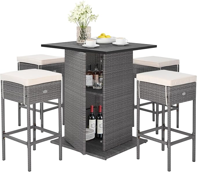 Tangkula 5 Piece Outdoor Rattan Bar Set, Patio Bar Furniture with 4 Cushions Stools and Smooth Top Table with Hidden Storage Shelf, Outdoor Conversation Set for Poolside, Backyard, Lawn (Grey-White)