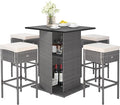 Tangkula 5 Piece Outdoor Rattan Bar Set, Patio Bar Furniture with 4 Cushions Stools and Smooth Top Table with Hidden Storage Shelf, Outdoor Conversation Set for Poolside, Backyard, Lawn (Grey-White)