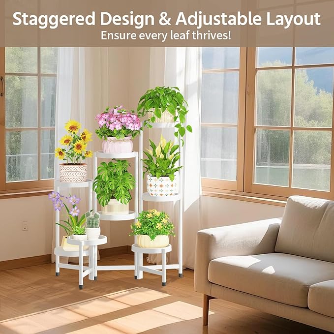 LASZOLA 8 Tiered Folding Plant Stand Indoor for Multiple Large Planter, Tall Heavy Duty Adjustable Rack with Rust Proof Plastic Shelving, Sturdy Vertical Tree Organizer for Narrow Inside Floor, White