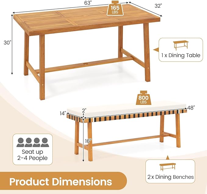 Tangkula 3 Piece Patio Dining Set for 4 People, 63” Outdoor Acacia Wood Rectangular Table with 1.97” Umbrealla Hole & 2 Cushioned Bench, for Deck Yard and Poolside