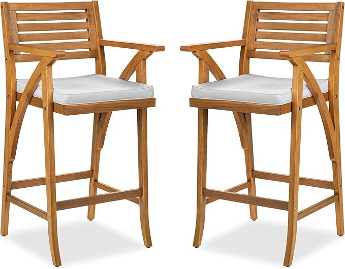 Best Choice Products Set of 2 Outdoor Acacia Wood Bar Stools Bar Chairs for Patio, Pool, Garden w/Weather-Resistant Cushions - White Sand