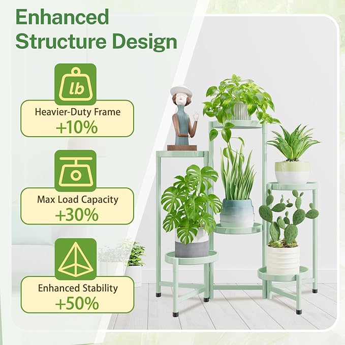 iDavosic.ly Plant Stand Indoor Outdoor, 6 Tier Corner Metal Flower Display Holder Shelf, Easy Assembly Folding Tall Orchid Rack for Patio Balcony Porch Garden Living Room House, Light Green