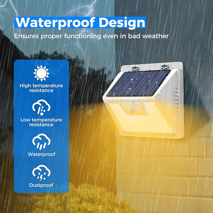Peasur Solar Lights Outdoor Motion Sensor Waterproof, 4Pack 140LED White Solar Powered Fence Lights, 3 Modes Security Wall Lights for Garden Yard Outside Warm