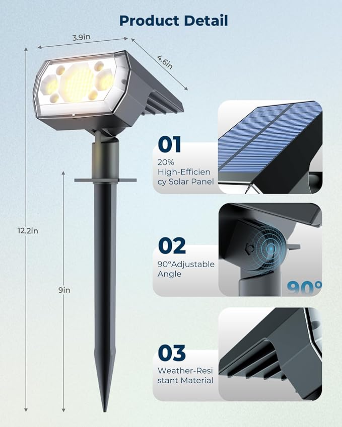 6 Packs Solar Spot Lights Outdoor, 64 LED 3000K Solar Lights Outdoor, IP67 Waterproof, Adjustable Brightness Dusk to Dawn Solar Spotlights for Garden, Yard, Lawn, Walkway, Driveway - Warm White