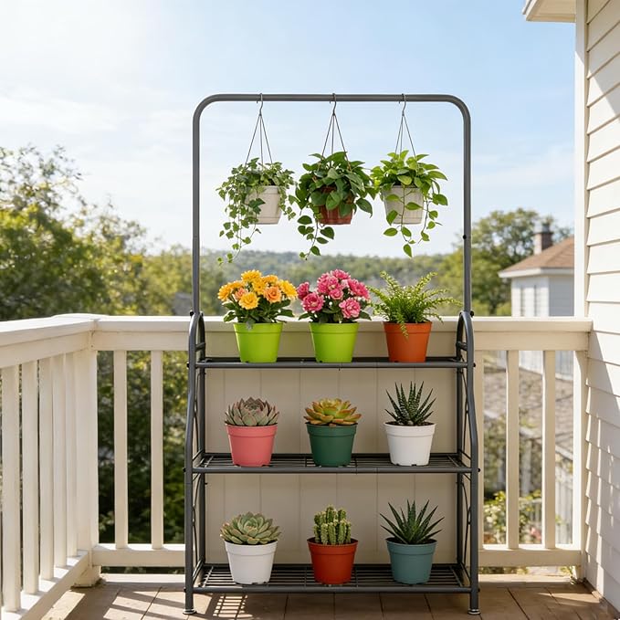 SORCEDAS Plant Stand Indoor Outdoor 3 Tier Tall Corner Hanging Plant Shelf Metal Flower Stands Ladder Plant Holder for Living Room Balcony Garden Patio Multiple Plants, Dark Grey