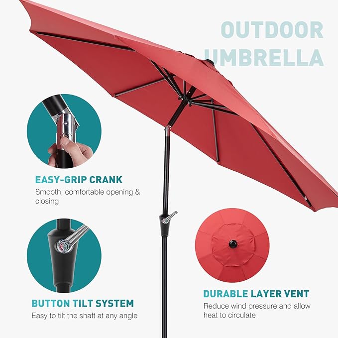 OLIXIS 9ft Patio Umbrella with Tilt and Crank Button & 8 Sturdy Ribs Waterproof, Patio Table Umbrella Perfect for Poolside, Terrace, Beach and Outdoor Restaurant, Red